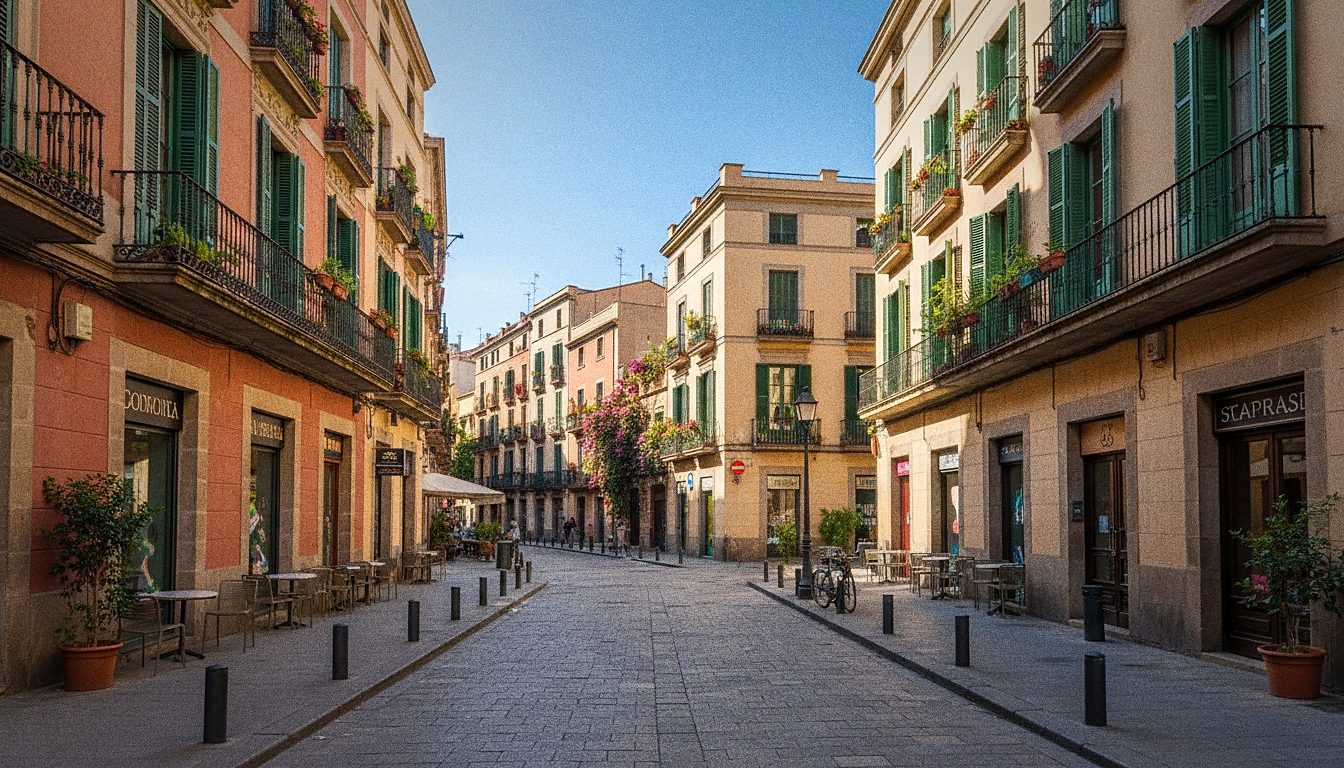 Una calle del barrio de Gràcia en Barcelona con vida social de calle