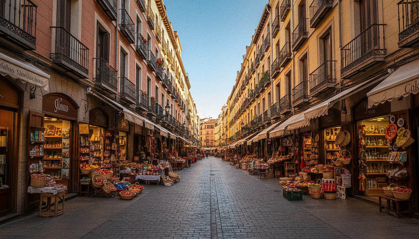 Una calle comercial de Lavapiés con tiendas y puestos de mercado