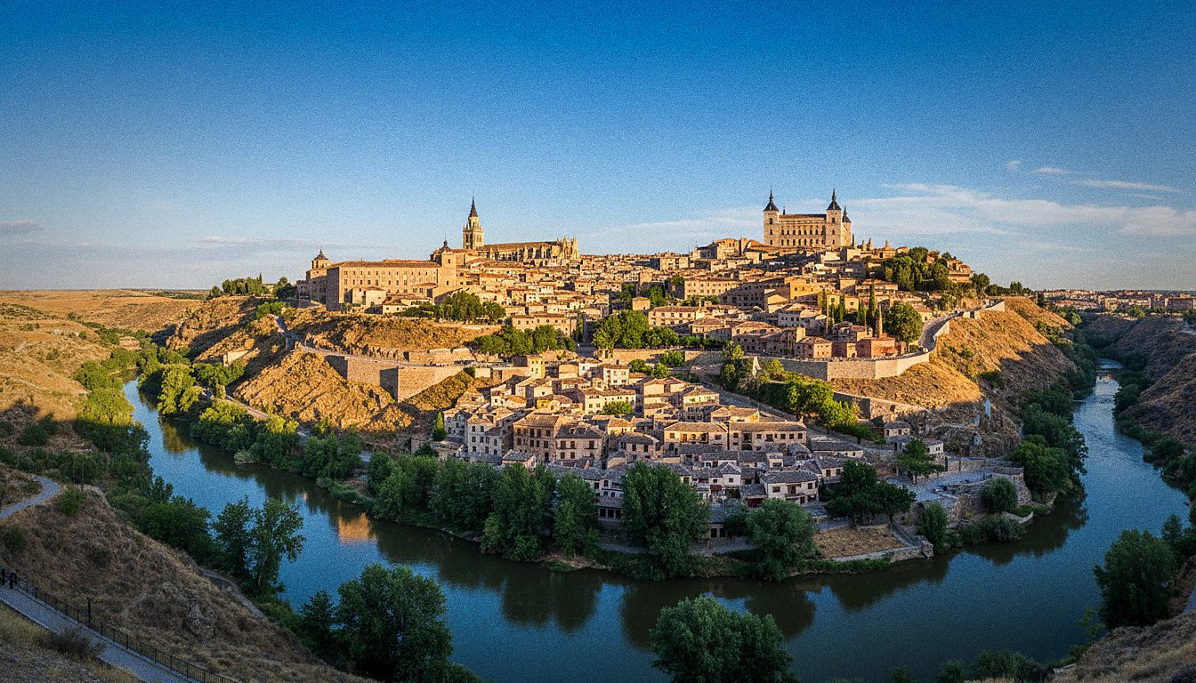 Vista del casco antiguo de Toledo sobre el río Tajo al atardecer