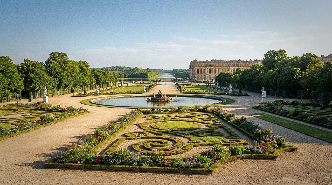 Los jardines del Palacio de Versalles con sus fuentes y parterres geométricos